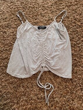 Anna Grace white and Black Striped Ruched Drawstring Tank